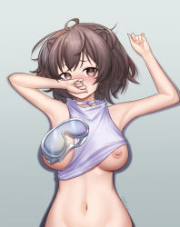 Rule 34 | 1girl, ahoge, animal ears, arknights, blush, breasts, breasts out, brown eyes, brown hair, choker, covering own mouth, goggles, grey background, highres, large breasts, looking at viewer, lying, navel, nipples, on back, otter ears, otter girl, roberta (arknights), rryiup, shirt, shirt aside, short hair, simple background, solo, stomach, twitter username, unworn goggles, upper body, white choker, white shirt