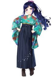 Rule 34 | 1girl, ankle boots, black footwear, black hakama, blue hair, boots, clenched hands, cross-laced footwear, floral print, flower, green kimono, grin, hair flower, hair ornament, hakama, hakama skirt, hands on own hips, high heel boots, high heels, highres, hip vent, japanese clothes, kimono, lace-up boots, long hair, looking at viewer, love live!, love live! school idol festival, love live! sunshine!!, matsuura kanan, meiji schoolgirl uniform, purple eyes, purple flower, sidelocks, simple background, skirt, smile, solo, standing, suke (momijigari), white background, wide sleeves