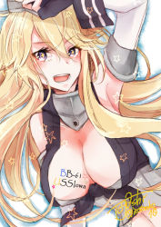 Rule 34 | 10s, 1girl, arm up, blonde hair, breasts, character name, cleavage, elbow gloves, fingerless gloves, front-tie top, gloves, hair between eyes, iowa (kancolle), kantai collection, large breasts, long hair, looking at viewer, open mouth, purple eyes, smile, solo, star-shaped pupils, star (symbol), symbol-shaped pupils, togashi (choco-bakama kitchen), upper body