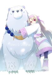 Rule 34 | 1girl, ainu clothes, bead necklace, beads, bear, black pantyhose, breasts, character name, echo (circa), fate/grand order, fate (series), fingerless gloves, full body, fur trim, gloves, hairband, hug, jewelry, long hair, looking at viewer, necklace, pantyhose, polar bear, purple gloves, purple hairband, purple scarf, red eyes, sash, scarf, shirou (bear) (fate), shirt, sidelocks, sitonai (fate), skirt, small breasts, smile, white hair, white shirt, white skirt