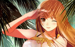 Rule 34 | 1girl, bikini, bikini under clothes, blonde hair, blush, breasts, brown eyes, brown hair, cleavage, close-up, clothes lift, day, dress, dress lift, highres, large breasts, long hair, nature, non-web source, one eye closed, original, outdoors, palm tree, ribbon, shading eyes, smile, solo, swimsuit, swimsuit under clothes, tony taka, tree, underboob, wallpaper, white bikini, wind, wink