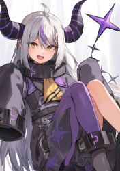 Rule 34 | 1girl, ahoge, black horns, black jacket, blush, highres, hololive, horns, jacket, la+ darknesss, legs, long hair, looking at viewer, multicolored hair, open mouth, pantyhose, pointy ears, purple hair, purple pantyhose, sleeves past fingers, sleeves past wrists, solo, streaked hair, striped, striped horns, taht (that is mm), very long hair, virtual youtuber, white hair