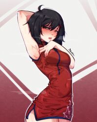 Rule 34 | 1girl, adjusting clothes, ahoge, alternate costume, arm across chest, armpits, arms behind head, artist name, black hair, blush, breasts, breath, brown eyes, china dress, chinese clothes, covered navel, cowboy shot, dress, from side, gradient background, hair between eyes, hair ornament, heavy breathing, highres, looking at viewer, looking to the side, loose hair strand, mandarin collar, marvel, medium breasts, narrow waist, narrowed eyes, nose blush, parted lips, peni parker, pink lips, raised eyebrows, red background, red dress, short dress, short hair, side slit, signature, skin tight, sleeveless, sleeveless dress, solo, spider-man: across the spider-verse, spider-man (series), spider-verse, spider web print, standing, steaming body, sweat, teeth, upper teeth only, white background, x hair ornament, yutakke