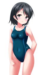 Rule 34 | 1girl, black eyes, black hair, blue one-piece swimsuit, breasts, collarbone, competition swimsuit, contrapposto, covered navel, cowboy shot, gluteal fold, highres, kaze makase, looking to the side, one-piece swimsuit, original, pout, short hair, simple background, small breasts, solo, standing, swimsuit, white background