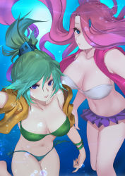 Rule 34 | 2girls, arcade miss fortune, arcade riven, blue eyes, breasts, bubble, cleavage, green hair, hair ornament, hair over one eye, highres, large breasts, league of legends, looking at viewer, miniskirt, miss fortune (league of legends), multiple girls, navel, open clothes, open mouth, pd (pdpdlv1), pink hair, pleated skirt, riven (league of legends), skirt, underwater, water