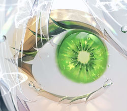 Rule 34 | 1other, bug, butterfly, close-up, colored eyelashes, eye focus, food, fruit, green eyes, highres, insect, kiwi (fruit), kiwi slice, koiki tubaki, light particles, long eyelashes, looking at viewer, original, solo, sparkle, star (symbol), tears, translucent hair, tubaki koiki, white butterfly, white hair