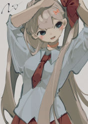 Rule 34 | 1girl, arms up, blue eyes, blush, bow, choker, collared shirt, commentary request, grey background, hair bow, highres, light brown hair, long hair, necktie, original, parted lips, pink bow, pink choker, potg (piotegu), red necktie, red skirt, school uniform, shirt, signature, simple background, skirt, sleeves rolled up, smile, solo, twintails, tying hair, very long hair, white shirt