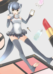 Rule 34 | 10s, 1girl, amai nekuta, animal ears, bottle, brush, closed mouth, commentary request, elbow gloves, fingerless gloves, frilled leotard, frills, full body, fur collar, gloves, grey gloves, grey hair, grey leotard, grey thighhighs, hand mirror, holding, kemono friends, leotard, light smile, lipstick, looking at viewer, makeup, mirror, otter ears, otter tail, perfume bottle, short hair, sleeveless, small-clawed otter (kemono friends), solo, standing, tail, thighhighs, toes