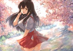 Rule 34 | 10s, 1girl, akagi (kancolle), ass, blush, breasts, brown eyes, brown hair, curvy, flower, fukuroumori, japanese clothes, kantai collection, large breasts, long hair, looking at viewer, looking back, open mouth, petals, skirt, smile, solo, thick thighs, thighs