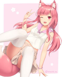 Rule 34 | 1girl, ;d, animal ear fluff, animal ears, clothes between thighs, fox ears, fox girl, fox tail, long hair, looking at viewer, low twintails, navel, one eye closed, open mouth, original, pink hair, pleated skirt, red eyes, sailor collar, sasaame, shirt, skirt, sleeveless, sleeveless shirt, smile, solo, tail, thighhighs, twintails, twitter username, v, white shirt, white thighhighs