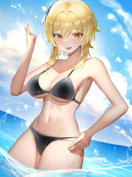 Rule 34 | 1girl, :d, bare arms, bare shoulders, bikini, black bikini, blonde hair, blue sky, blush, breasts, cloud, day, flower, genshin impact, hair flower, hair ornament, hand on own hip, hand up, large breasts, looking at viewer, lumine (genshin impact), medium hair, navel, open mouth, shine (shine art), sky, smile, solo, standing, stomach, swimsuit, thighs, wading, water, white flower, yellow eyes