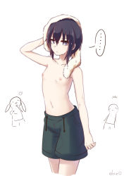 Rule 34 | ..., 1girl, androgynous, artist name, black hair, black male swimwear, black swim trunks, breasts, closed mouth, collarbone, cowboy shot, crossdressing, drawstring, drying, drying hair, elosa, expressionless, female focus, hair between eyes, highres, jitome, kino (kino no tabi), kino no tabi, looking at viewer, looking to the side, male swimwear, male swimwear challenge, navel, nipples, purple eyes, short hair, simple background, small breasts, solo, speech bubble, spoken ellipsis, swim trunks, swimsuit, tomboy, topless, towel, towel on head, wet, wet hair, white background, white towel