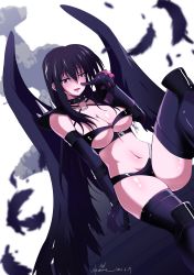 Rule 34 | 1girl, absurdres, armor, bikini, black bikini, black hair, breasts, cleavage, falling feathers, feathers, high school dxd, highres, large breasts, long hair, navel, purple eyes, raynare, revealing clothes, spiked armor, swimsuit, thighhighs, underboob, wings