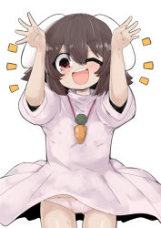 Rule 34 | 1girl, ;d, animal ears, brown hair, carrot necklace, commentary request, cowboy shot, double-parted bangs, dress, floppy ears, gluteal fold, grey dress, hair between eyes, hands up, happy, highres, inaba tewi, jewelry, looking at viewer, necklace, one eye closed, ooyama bokuchi, open mouth, panties, pantyshot, puffy short sleeves, puffy sleeves, rabbit ears, rabbit pose, red eyes, short hair, short sleeves, simple background, smile, solo, thigh gap, touhou, underwear, white background, white panties, wind, wind lift