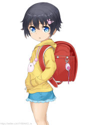 Rule 34 | 1girl, backpack, bag, black hair, blue eyes, child, female focus, frilled shorts, frills, hair ornament, hairclip, hands in pockets, hood, hoodie, looking at viewer, original, rabbit hair ornament, randoseru, short hair, short shorts, shorts, simple background, solo, tamakorogashi, watermark, web address, white background, yellow hoodie