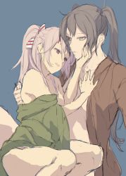 Rule 34 | 10s, 2girls, bad id, bad twitter id, bare legs, breasts, brown eyes, collarbone, fukazaki (g425hw45), green hair, grey hair, hachimaki, hair between eyes, hand on another&#039;s chest, hand on another&#039;s face, headband, high ponytail, japanese clothes, kantai collection, kimono, light brown hair, long hair, multiple girls, open clothes, open kimono, ponytail, simple background, small breasts, twintails, yuri, zuihou (kancolle), zuikaku (kancolle)