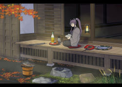 Rule 34 | 1boy, alcohol, architecture, autumn leaves, blue eyes, book, bottle, building, chalice, cooking, cup, fish, grill, hair ribbon, hand fan, highres, kamui gakupo, katagiri, lamp, leaf, letterboxed, long hair, looking back, male focus, open book, paper fan, ponytail, porch, purple hair, reading, ribbon, seiza, shichirin, sitting, smile, solo, uchiwa, veranda, vocaloid