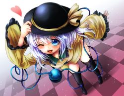 Rule 34 | 1girl, bad id, bad pixiv id, bent over, black thighhighs, blue eyes, bottomless, checkered floor, hand on headwear, hat, hat ribbon, heart, highres, komeiji koishi, long sleeves, maru daizu (aqua6233), naked shirt, one eye closed, open mouth, ribbon, shirt, silver hair, smile, solo, thighhighs, third eye, tile floor, tiles, touhou, wide sleeves