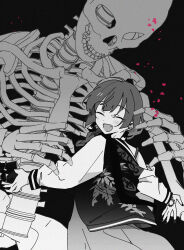 Rule 34 | 1girl, 1other, ^ ^, bass guitar, blush, bocchi the rock!, bow, braid, chest strap, closed eyes, dress, facing viewer, fang, floating hair, flower, from behind, giant skeleton, greyscale, hair bow, hand tattoo, hiroi kikuri, imminent hug, instrument, jacket, kimino tomonari, long sleeves, looking back, monochrome, nail polish, off shoulder, open mouth, outstretched arms, petals, red flower, single bare shoulder, skeleton, sleeveless, sleeveless dress, smile, solo, spaghetti strap, spot color, spread arms, sukajan, tattoo