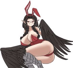 Rule 34 | absurdres, animal ears, braid, breasts, brown hair, deculture, feet out of frame, glasses, harpy, highres, huge breasts, on side, leotard, medium hair, monster girl, no panties, non-web source, original, playboy bunny, pointy ears, rabbit ears, red eyes, simple background, smug, thick thighs, thighs, twin braids, winged arms, wings, wings for arms