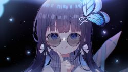 Rule 34 | 1girl, :q, aoi nabi, black-framed eyewear, black hair, blue eyes, blue hair, bow, butterfly hair ornament, closed mouth, commentary request, deyui, glasses, grey sweater, hair bow, hair ornament, hairclip, hand up, highres, index finger raised, indie virtual youtuber, long hair, looking at viewer, multicolored hair, noise, portrait, round eyewear, signature, smile, solo, sweater, tongue, tongue out, turtleneck, turtleneck sweater, two-tone hair, virtual youtuber, white bow, x hair ornament