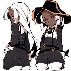 Rule 34 | 1boy, ahoge, black headwear, bulge, character request, closed mouth, commentary request, copyright request, covered navel, cropped legs, dark skin, gloves, hat, jaggy lines, long hair, long sleeves, looking at viewer, median furrow, multiple views, omiya (louise-louis-lucille), red eyes, sidelocks, simple background, thick thighs, thighhighs, thighs, translation request, trap, white background, white gloves, white hair