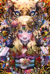 Rule 34 | 1girl, 2022, absurdres, animal print, bell, black bow, black gloves, blonde hair, blue bow, blue eyes, blue sash, bow, carnation, chinese zodiac, claw pose, commentary request, confetti, cowboy shot, dot nose, eyelashes, facepaint, facial mark, fangs, flower, frilled gloves, frills, glitch, gloves, gold ribbon, green bow, hair bell, hair bow, hair flower, hair ornament, hair over shoulder, hair ribbon, hairclip, happy, highres, japanese clothes, kimono, lace, lace-trimmed gloves, lace trim, light blush, lipstick, long hair, long sleeves, makeup, multiple hair bows, new year, obi, onene, open mouth, orange kimono, original, pink bow, pink flower, pink lips, pom pom (clothes), red pupils, ribbon, sash, smile, solo, sparkling eyes, straight-on, streamers, striped bow, teeth, tiger, tiger print, wavy hair, whisker markings, wide sleeves, year of the tiger