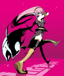 Rule 34 | black thighhighs, boots, character name, fish, glowing, high contrast, kiyoi, knee boots, long hair, looking back, megurine luka, pink background, pink hair, thighhighs, tuna, vocaloid, walking