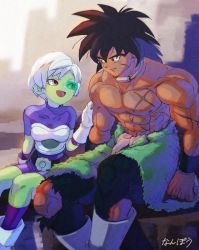 Rule 34 | 1boy, 1girl, black hair, breasts, broly (dragon ball super), cheelai, closed mouth, covered collarbone, dragon ball, dragon ball super, dragon ball super broly, fur (clothing), green-tinted eyewear, highres, muscular, muscular male, nanpou (nanpou0021), open mouth, pectorals, scar, scar on stomach, scouter, short hair, smile, spiked hair, tinted eyewear, topless male, torn clothes