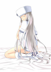 Rule 34 | 10s, 1girl, aoki hagane no arpeggio, boots, closed eyes, highres, kneeling, long hair, looking back, mizuki (mizuki ame), musashi (aoki hagane no arpeggio), no pants, personification, solo, very long hair, white hair