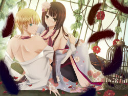 Rule 34 | 1boy, 1girl, back, bare shoulders, black feathers, blonde hair, blush, brown eyes, brown hair, character request, couple, falling feathers, feathers, flower, green eyes, hair flower, hair ornament, hetero, hiroharu, itsumoto hiroharu, japanese clothes, looking back, open mouth, pixiv master and servant, red flower, short hair