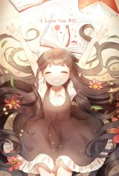 Rule 34 | 1girl, :d, ^ ^, arms up, bad id, bad pixiv id, blush, book, bookmark, brown dress, brown hair, closed eyes, collared shirt, dress, english text, closed eyes, flower, hair flower, hair ornament, highres, long hair, moffle (2019), open book, open mouth, original, shirt, short sleeves, smile, solo, sparkle, very long hair, white shirt, wing collar