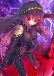 Rule 34 | 1girl, armor, bodysuit, breasts, brown hair, covered navel, fate/grand order, fate (series), gae bolg (fate), hair between eyes, hakuishi aoi, holding, holding weapon, lance, large breasts, legs apart, long hair, looking at viewer, parted lips, polearm, red eyes, scathach (fate), shoulder armor, solo, standing, veil, weapon