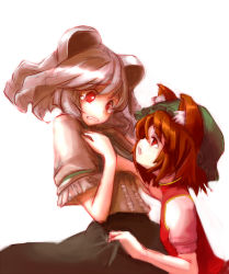 Rule 34 | 2girls, animal ears, brown hair, cat ears, cat girl, chen, eye contact, female focus, hands on own chest, hat, kuronuko neero, looking at another, mouse ears, multiple girls, nazrin, red eyes, scared, silver hair, sketch, skirt grab, tears, touhou, yuri