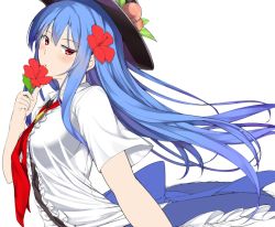 Rule 34 | 1girl, :o, bad id, bad pixiv id, blue hair, blush, breasts, flower, food, food-themed clothes, fruit, hair flower, hair ornament, hat, hibiscus, hinanawi tenshi, large breasts, long hair, looking at viewer, looking to the side, neropaso, open mouth, peach, red eyes, short sleeves, simple background, solo, touhou, unfinished, upper body, white background