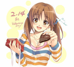 Rule 34 | 10s, 1girl, :d, blouse, blush, box, breasts, brown eyes, brown hair, candy, chocolate, chocolate heart, cleavage, feeding, food, gift, gift box, heart, heart necklace, idolmaster, idolmaster cinderella girls, incoming food, jewelry, kei nazumi, necklace, open mouth, pov feeding, shirt, smile, solo, striped clothes, striped shirt, totoki airi, twintails, upper body, valentine