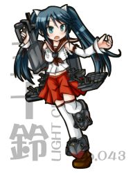 Rule 34 | 10s, 1girl, blue eyes, blue hair, character name, detached sleeves, full body, isuzu (kancolle), kantai collection, long hair, looking at viewer, machinery, matching hair/eyes, navel, open mouth, pleated skirt, sanari (quarter iceshop), school uniform, serafuku, skirt, solo, thighhighs, twintails, white thighhighs, zettai ryouiki