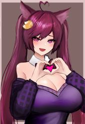 Rule 34 | 1girl, absurdres, ahoge, animal ears, bare shoulders, blush, bow, bowtie, breasts, brown background, cat ears, cleavage, hair ornament, hairclip, heart, heart ahoge, heart hair, heart hands, highres, indie virtual youtuber, large breasts, low cut top, pink eyes, purple hair, saralene (vtuber), solo, star eyes, sweater, twintails, virtual youtuber, wawamachi (wawamachis)