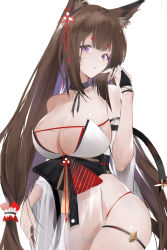 Rule 34 | 1girl, :o, absurdres, amagi (azur lane), amagi (wending waters serene lotus) (azur lane), animal ear fluff, animal ears, azur lane, bikini, black bridal gauntlets, black choker, black straps, breasts, bridal gauntlets, brown hair, brown tail, choker, cleavage, collarbone, commentary request, curryzcy, fox ears, fox girl, fox tail, from side, hair ornament, hand on own face, head tilt, highres, japanese clothes, kimono, kitsune, kyuubi, large breasts, long hair, looking at viewer, low ponytail, multiple tails, obi, parted lips, purple eyes, sash, see-through, sidelocks, simple background, single bridal gauntlet, slit pupils, solo, strap, swimsuit, tail, tassel, thigh strap, very long hair, white background, wide sleeves