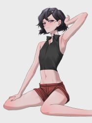 Rule 34 | 1boy, arm behind head, arm up, armpits, bare legs, bare shoulders, black hair, blush, collarbone, feet out of frame, from below, from side, groin, hair behind ear, hair ornament, hairclip, highres, koha (hlrqkqwd 2652), legs, looking at viewer, messy hair, midriff, neck, presenting, presenting armpit, purple eyes, red shorts, short hair, shorts, simple background, sitting, solo, solo focus, steins;gate, thighs, trap, urushibara ruka, white background