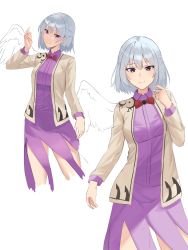 Rule 34 | 1girl, angel wings, arm up, blush, bow, bowtie, braid, breasts, brooch, closed mouth, doitsuudon, dress, feathered wings, french braid, hair between eyes, highres, jacket, jewelry, kishin sagume, large breasts, looking at viewer, purple dress, purple eyes, red bow, red bowtie, simple background, single wing, smile, solo, touhou, upper body, white background, white hair, wing collar, wings