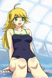 Rule 34 | 00s, 1girl, :d, ahoge, arm support, blonde hair, blush stickers, breasts, green eyes, hoshii miki, idolmaster, idolmaster (classic), idolmaster 1, indoors, long hair, michael f91, one-piece swimsuit, open mouth, pool, poolside, sitting, smile, soaking feet, solo, swimsuit
