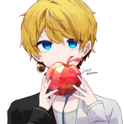Rule 34 | 1boy, apple, blonde hair, blue eyes, blue nails, covering own mouth, dated, food, fruit, grey shirt, holding, holding food, holding fruit, long sleeves, looking at viewer, male focus, nail polish, night (technoroid), shenaa, shirt, short hair, signature, solo, technoroid, white background