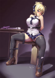 Rule 34 | 1girl, ahoge, alternate breast size, alternate costume, arms behind back, artoria pendragon (all), artoria pendragon (fate), bare shoulders, bdsm, black thighhighs, blonde hair, blouse, blue eyes, blue ribbon, blue skirt, blush, bondage, bound, bound arms, bound legs, bound torso, breasts, brown footwear, clothing aside, collared shirt, dildo, fate (series), full body, hair ribbon, highres, hitachi magic wand, indoors, large breasts, looking at viewer, mary janes, miniskirt, nose blush, packge, panties, panties aside, plaid, plaid skirt, pleated skirt, ponytail, pussy, pussy juice, restrained, ribbon, saber (fate), sex toy, shadow, shirt, shoes, short hair, sitting, skirt, sleeveless, sleeveless shirt, solo, table, thighhighs, thighs, tied to chair, underwear, upskirt, v-shaped eyebrows, vibrator, vibrator in thighhighs, white shirt, wide hips, wing collar, wooden table
