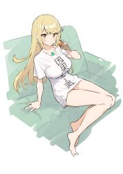 Rule 34 | 1girl, absurdres, alternate costume, baffu, barefoot, blonde hair, blush, breasts, chest jewel, clothes writing, couch, earrings, eating, food, highres, jewelry, large breasts, legs, long hair, looking at viewer, mythra (xenoblade), shirt, short sleeves, sidelocks, sitting, solo, swept bangs, translated, white shirt, xenoblade chronicles (series), xenoblade chronicles 2, yellow eyes
