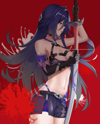 Rule 34 | 1girl, absurdres, acheron (honkai: star rail), asymmetrical gloves, bandaged arm, bandages, bare shoulders, black gloves, black shorts, breasts, chain, cleavage, commentary, cowboy shot, criss-cross halter, elbow gloves, gloves, gradient hair, grey hair, halterneck, highres, holding, holding sword, holding weapon, honkai: star rail, honkai (series), katana, large breasts, latehong, long hair, midriff, multicolored hair, navel, purple eyes, purple hair, red background, scabbard, sheath, short shorts, shorts, solo, standing, stomach, sword, thighs, unsheathing, very long hair, weapon