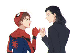 Rule 34 | 2boys, animal print, animification, black hair, black jacket, black shirt, blue bodysuit, blush, bodysuit, brown eyes, brown hair, closed mouth, commentary, fingernails, from behind, green eyes, hand up, jacket, loki (marvel), long sleeves, looking at another, male focus, marvel, marvel cinematic universe, mask, mask on head, medium hair, multicolored bodysuit, multicolored clothes, multiple boys, murdermuffinloki, open mouth, peter parker, pinky swear, red bodysuit, red mask, shirt, short hair, simple background, smile, spider-man, spider-man (series), spider print, spider web print, standing, teeth, two-tone bodysuit, upper body, web shooter, white background