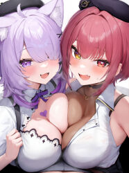 1boy 2girls ahoge animal_ear_fluff animal_ears beret blush breast_press breasts cat_ears cat_girl cleavage fang hair_between_eyes hair_over_one_eye hat heart heart_necklace heart_on_chest heterochromia highres hololive houshou_marine houshou_marine_(businesswoman) jewelry large_breasts looking_at_viewer mochitsuki_karen multiple_girls necklace nekomata_okayu nekomata_okayu_(wonderland) official_alternate_costume open_mouth pov purple_eyes purple_hair red_eyes red_hair revision see-through see-through_cleavage shirt short_hair sleeveless sleeveless_shirt sweat symmetrical_docking virtual_youtuber white_shirt yellow_eyes