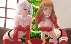 Rule 34 | 2girls, absurdres, bare shoulders, black clover, blush, breasts, christmas, christmas tree, cleavage, closed mouth, cousins, earrings, elbow gloves, female focus, gift, gloves, green eyes, grey hair, highres, jewelry, large breasts, long hair, mimosa vermillion, multiple girls, noelle silva, orange hair, pantyhose, purple eyes, red gloves, smile, tagme, the amazing gambit, tree, twintails