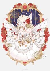 Rule 34 | 1girl, angel wings, arm ribbon, bandage over one eye, bare shoulders, blonde hair, breasts, cleavage, closed mouth, crescent, dress, expressionless, eyelashes, feathered wings, flower, frilled wrist cuffs, frills, grey background, highres, holding, holding wand, long hair, looking at viewer, medium breasts, night, night sky, one-eyed, original, pillar, red eyes, red flower, red rose, ribbon, rose, sample watermark, sky, sleeveless, sleeveless dress, solo, source request, star (sky), third-party source, tu yi, upper body, wand, watermark, weibo logo, weibo watermark, white dress, white ribbon, white wings, white wrist cuffs, wing hair ornament, wings, wrist cuffs